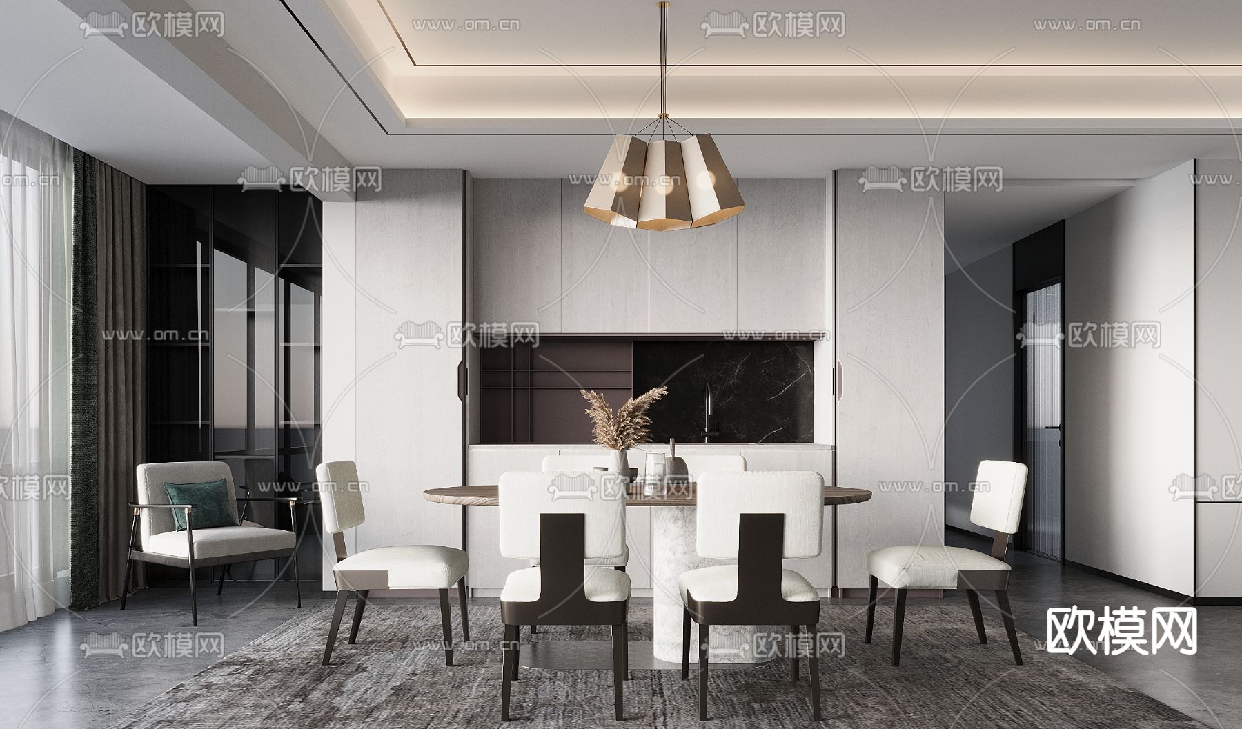 高级灰餐厅su模型下载（渲染图1）