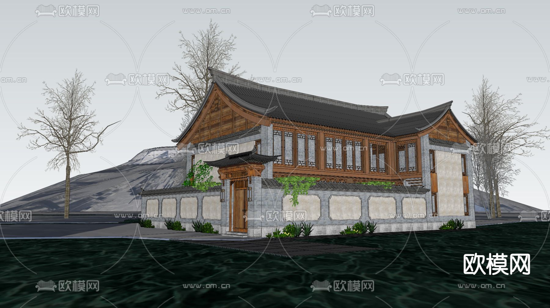 新中式民宿外观su模型下载（渲染图3）