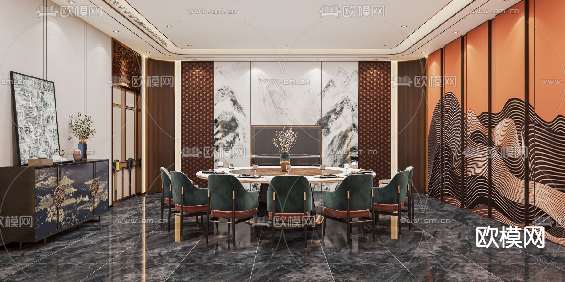 新中式餐厅包房su模型下载