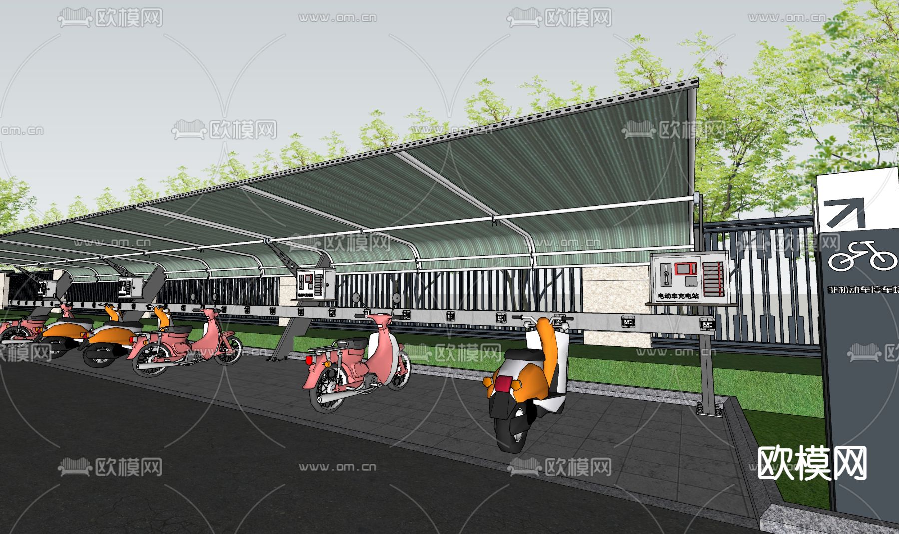 电动车停车场 车棚充电桩su模型下载（渲染图2）