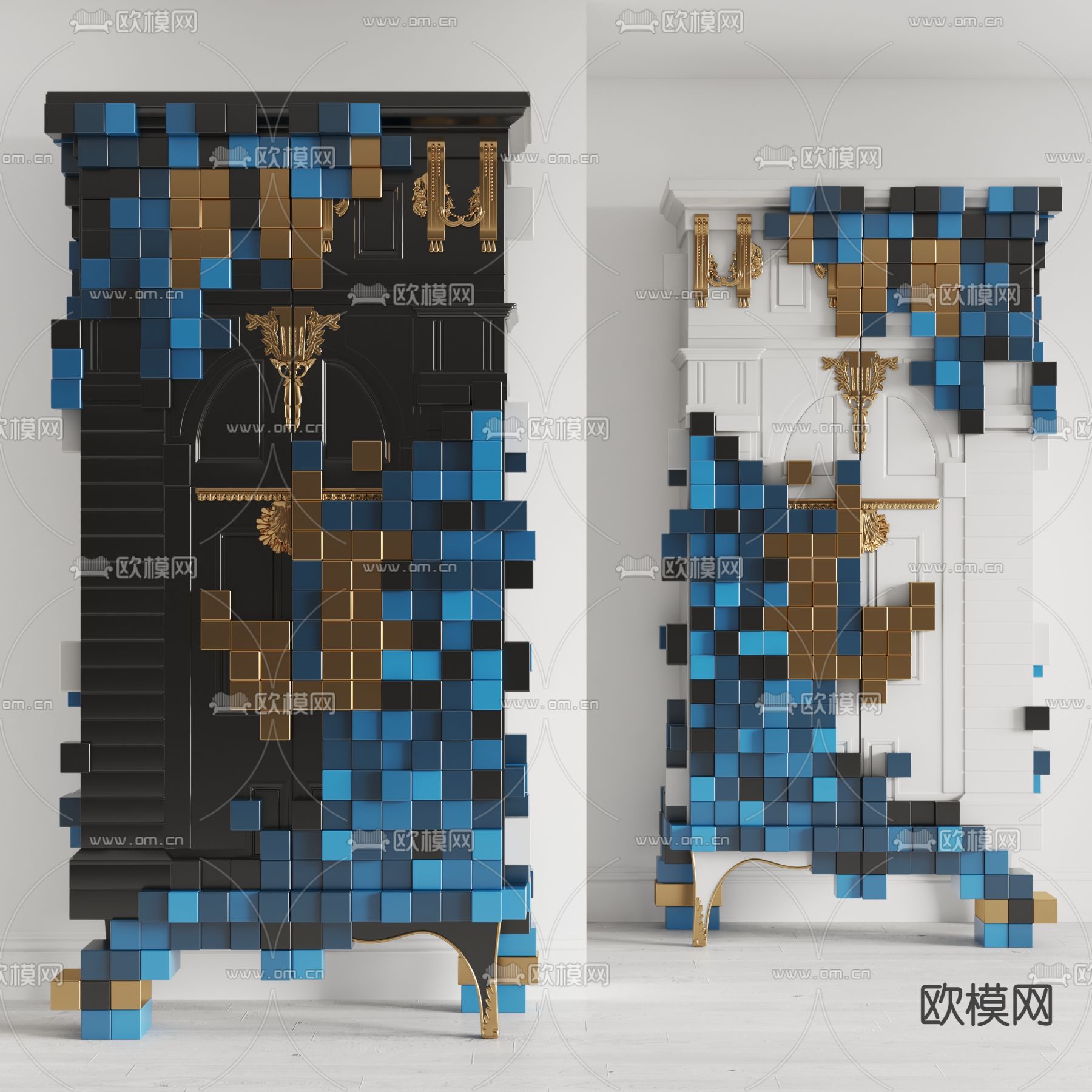 欧式装饰柜 高柜 储物柜su模型下载（渲染图1）