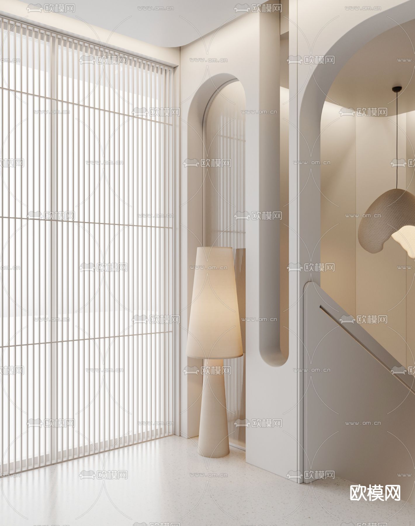 奶油风楼梯间 过道3d模型下载