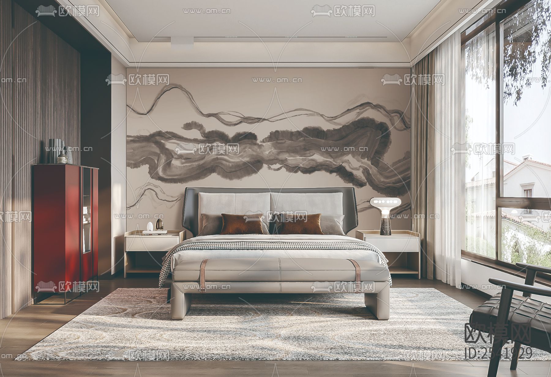 新中式 烟雾 水墨 抽象 黑白 壁画下载（渲染图2）