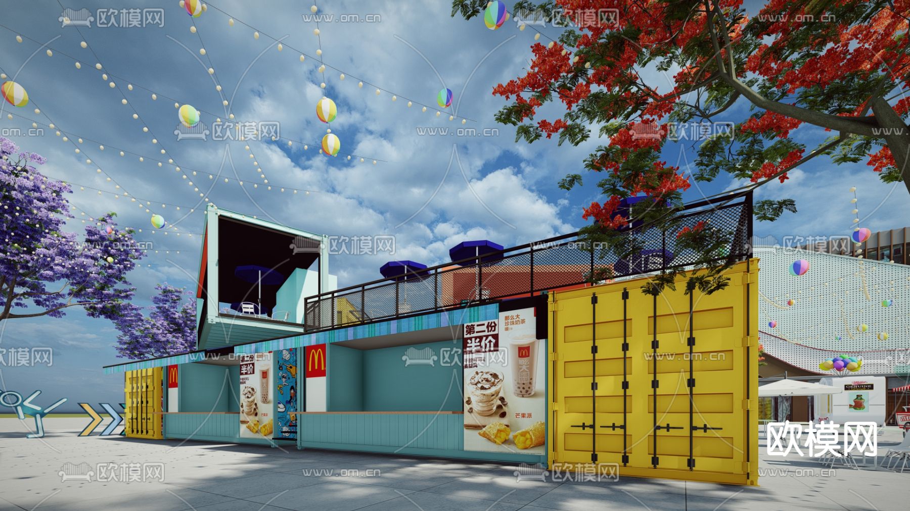 工业风 集装箱 商业街su模型下载（渲染图1）