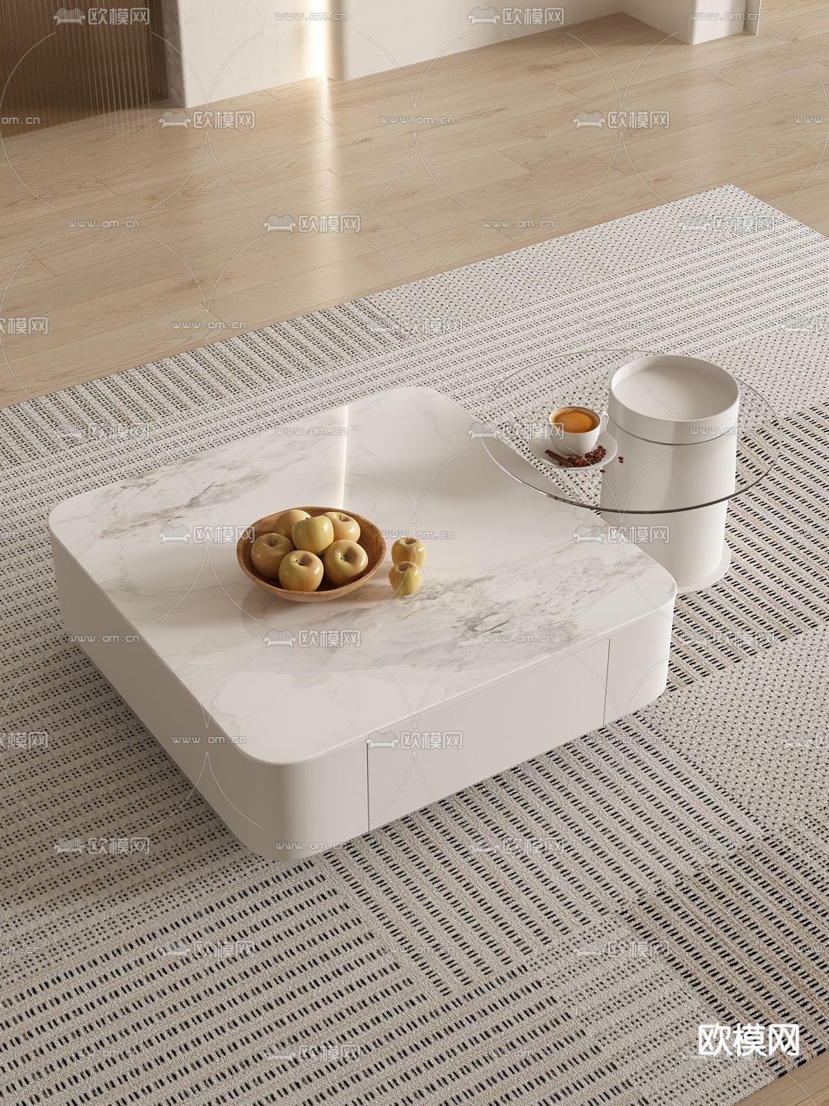 奶油风茶几 子母茶几3d模型下载（渲染图1）