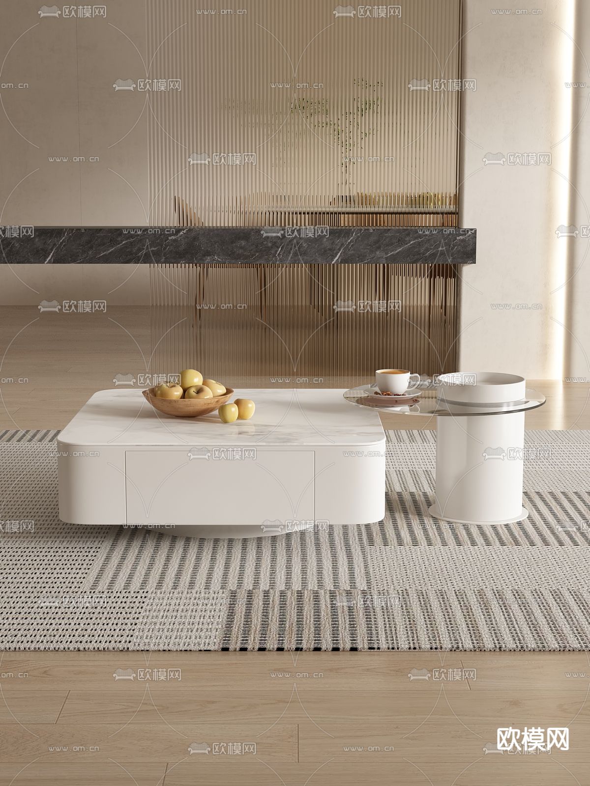 奶油风茶几 子母茶几3d模型下载（渲染图2）