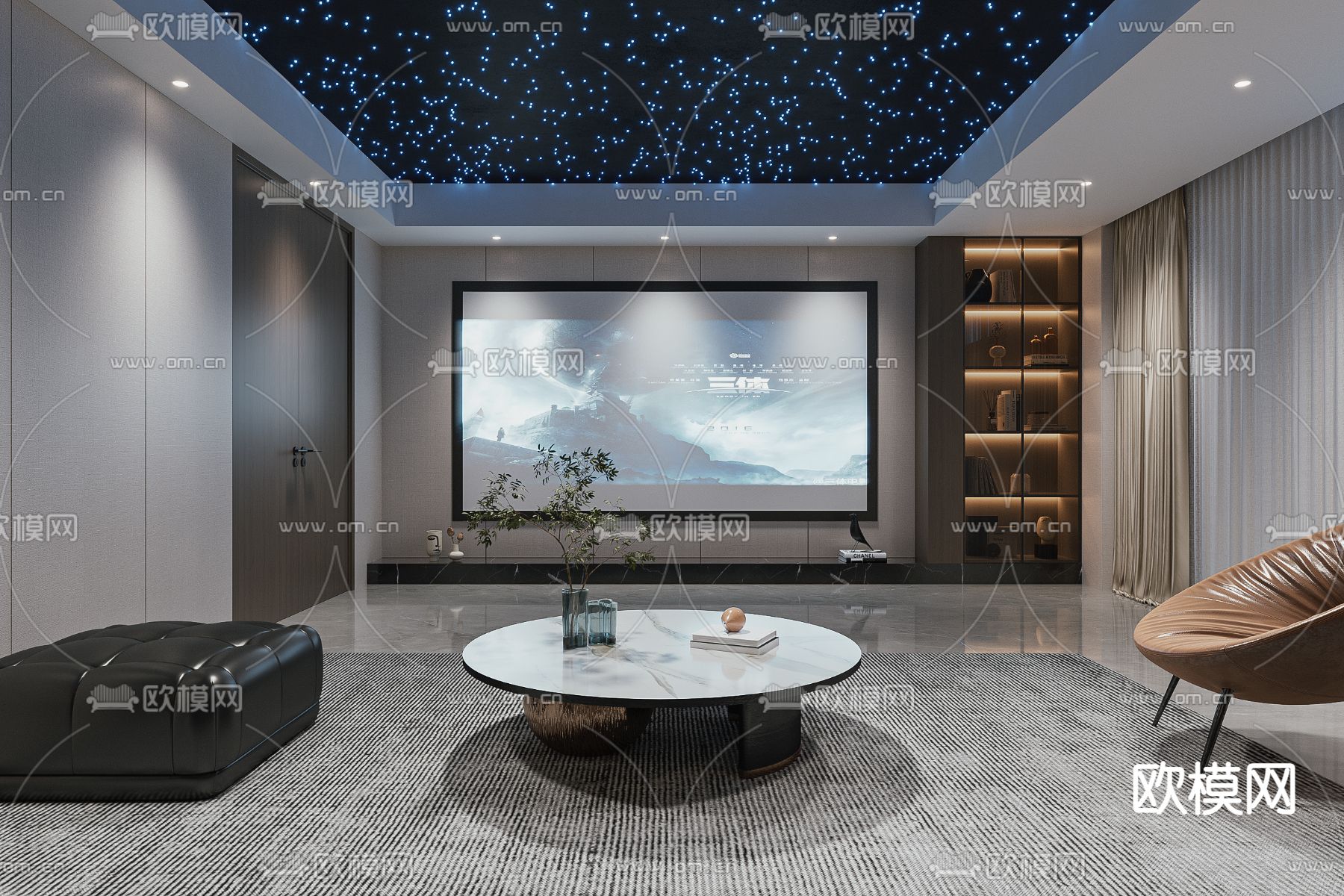 现代影音室 视听室3d模型下载（渲染图2）