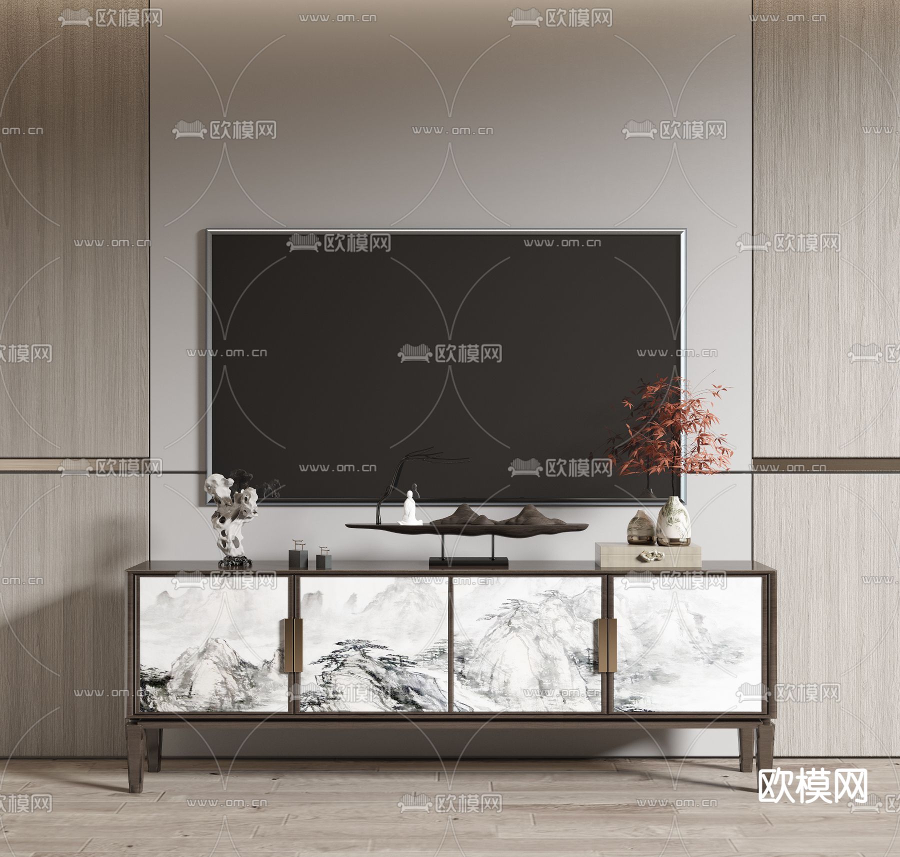 新中式电视柜3d模型下载