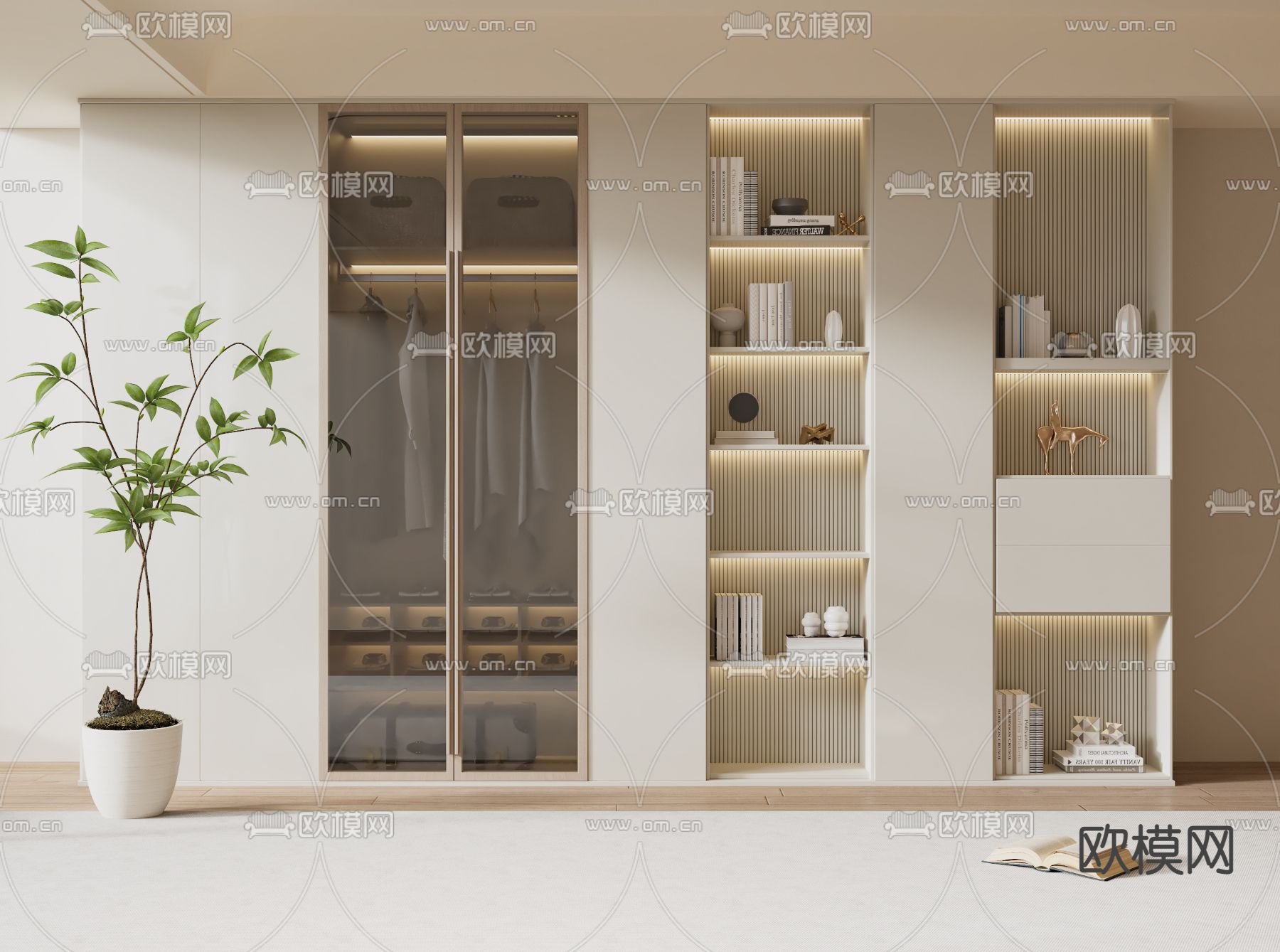 奶油风衣柜 衣橱 书柜3d模型下载