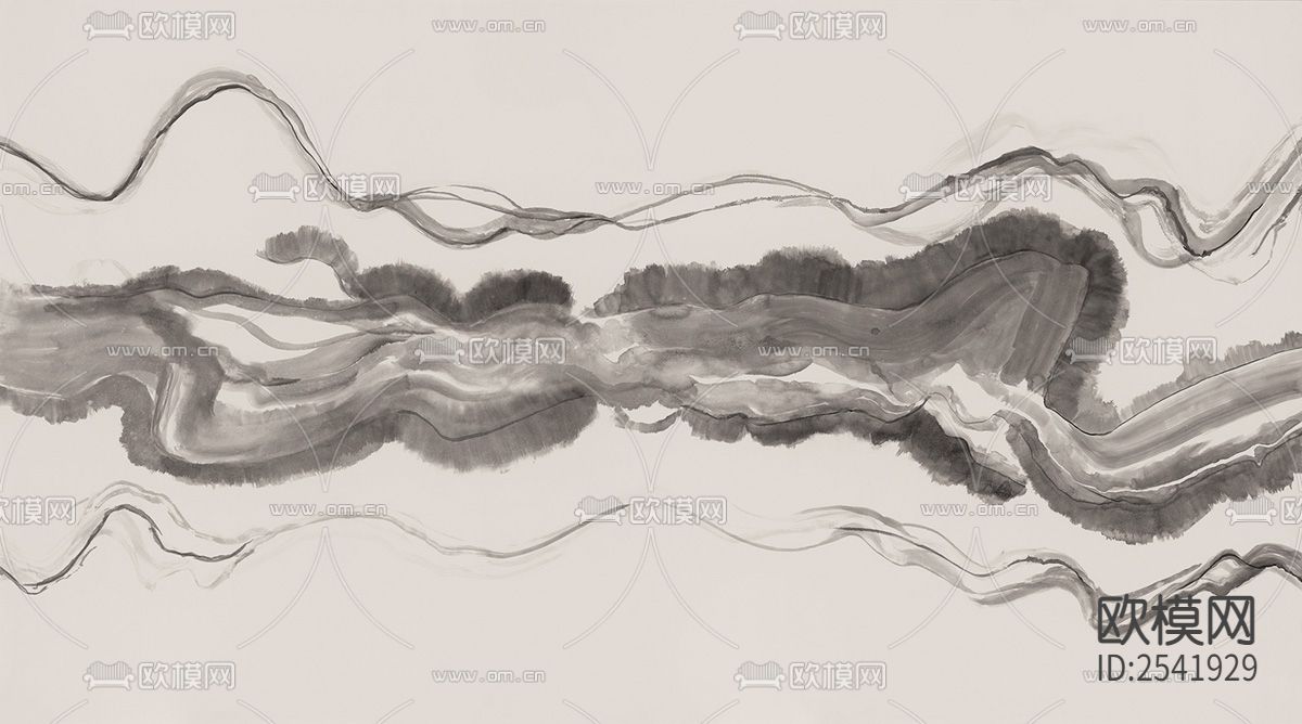 新中式 烟雾 水墨 抽象 黑白 壁画下载（渲染图3）