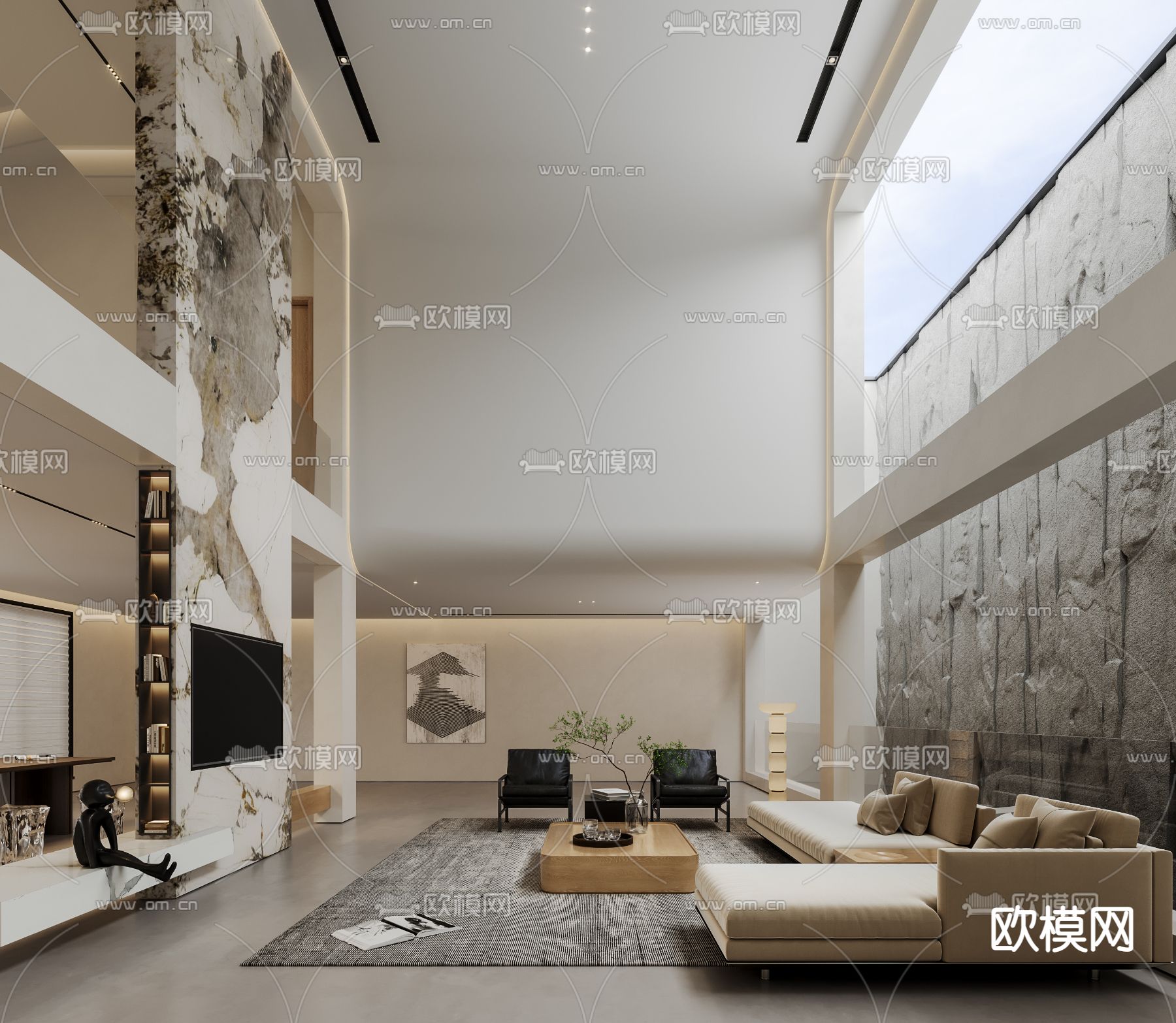 奶油别墅客厅 别墅大堂3d模型下载（渲染图1）