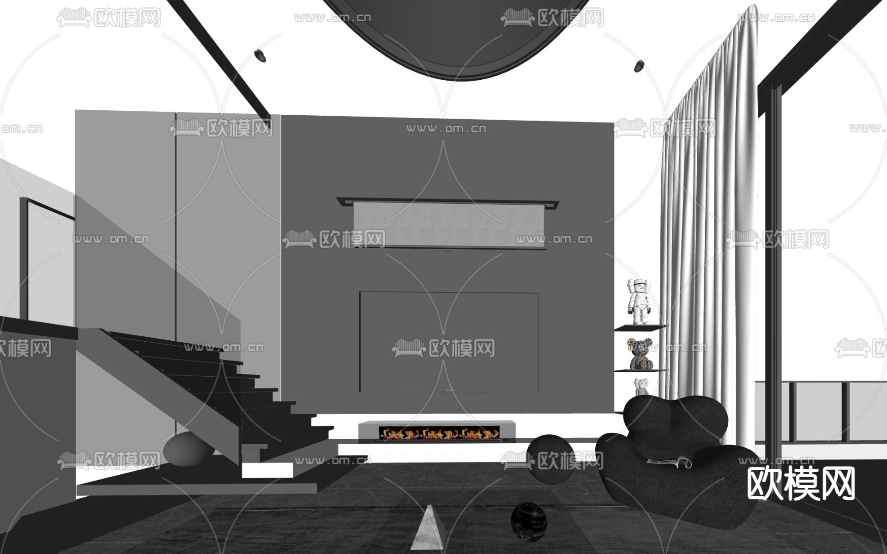 复式别墅客厅su模型下载（渲染图3）