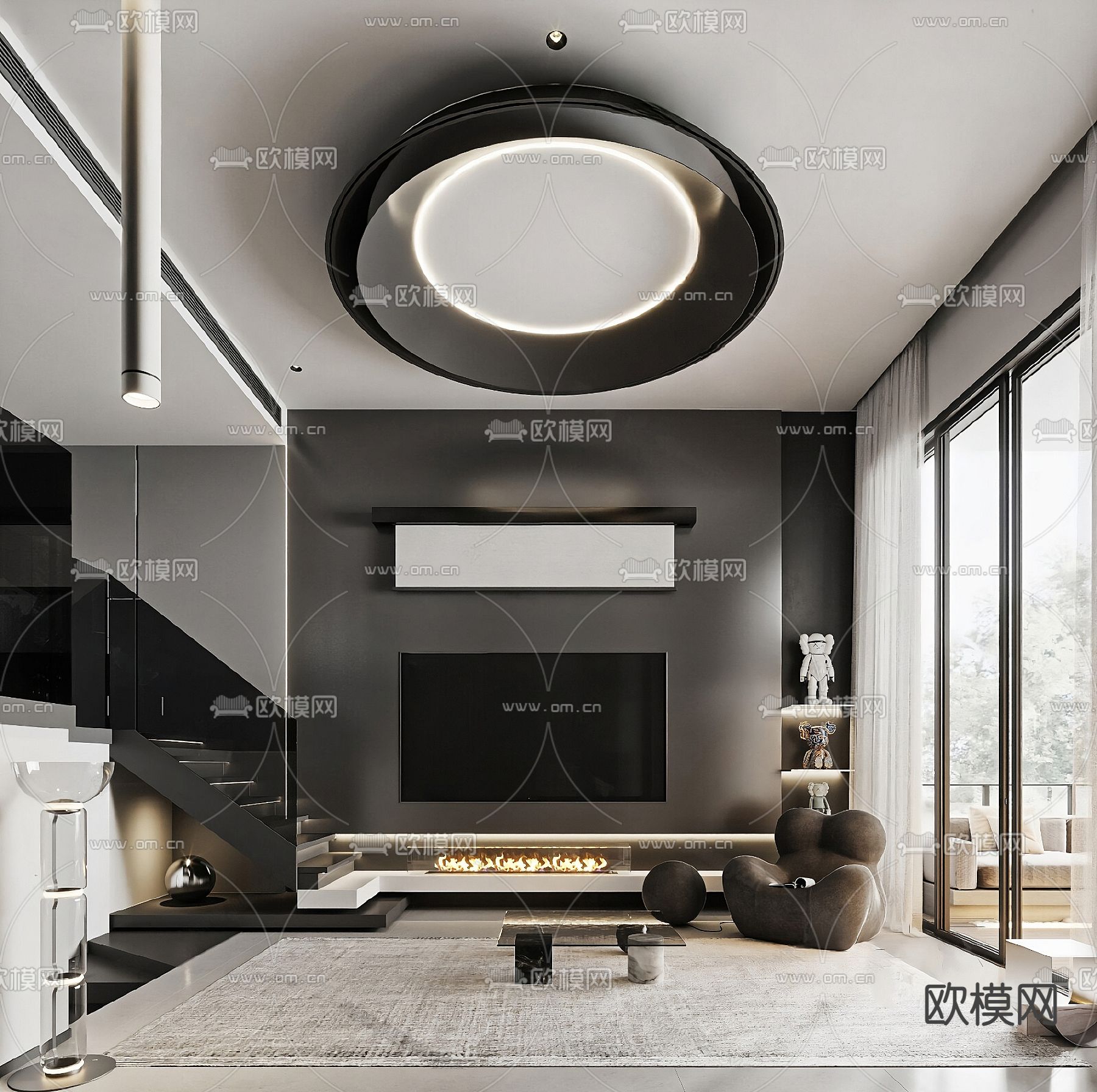 复式别墅客厅su模型下载（渲染图1）