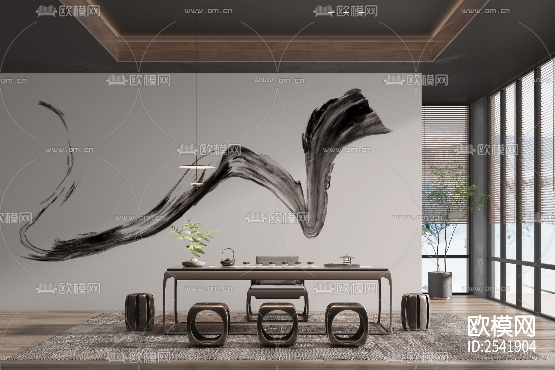 新中式 水墨 毛笔 黑白 线条 高端 壁画下载（渲染图2）