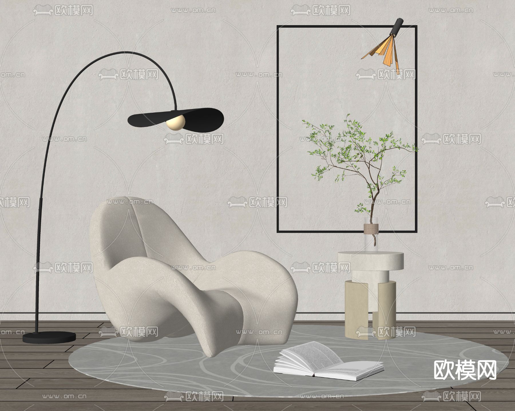 休闲椅 边几角几 落地灯su模型下载（渲染图2）