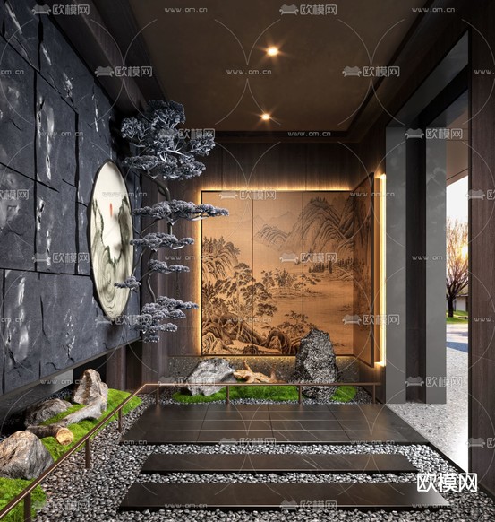 新中式玄关造景3d模型下载