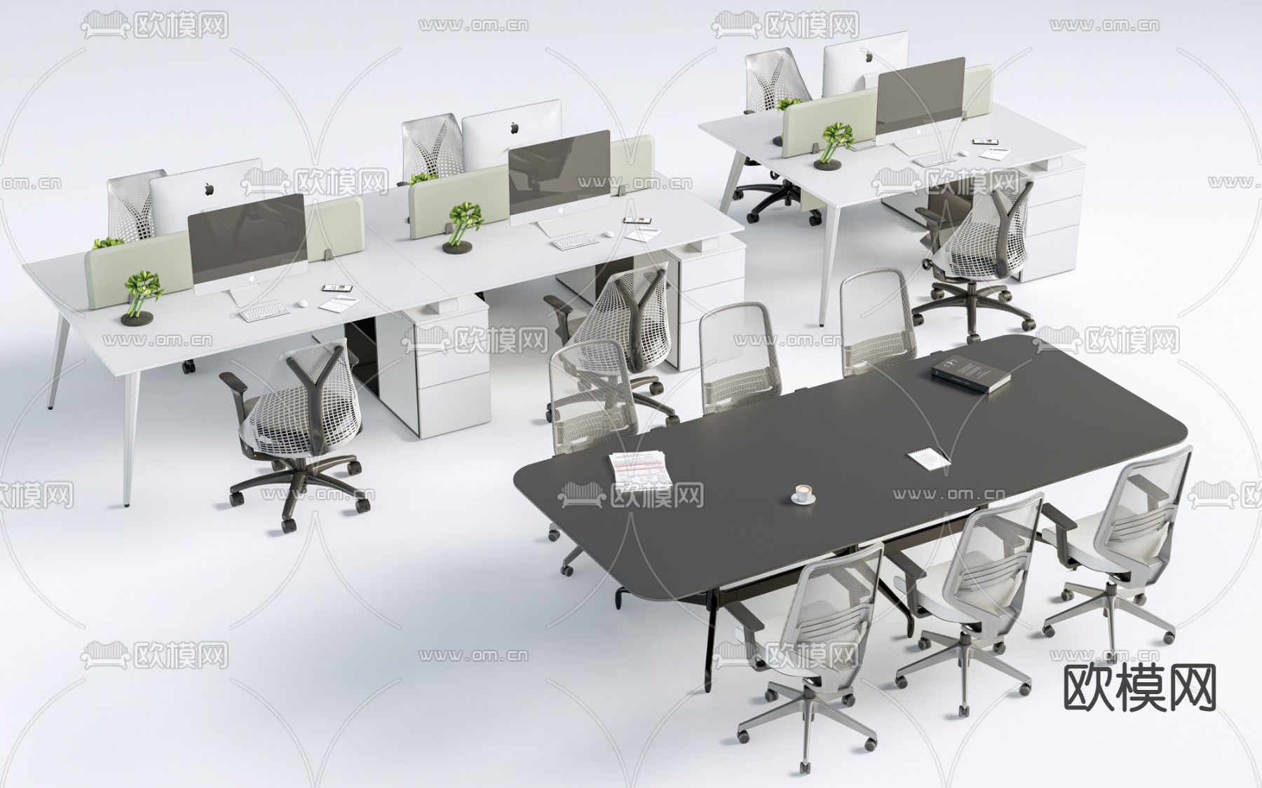卡位办公桌 会议台su模型下载（渲染图1）