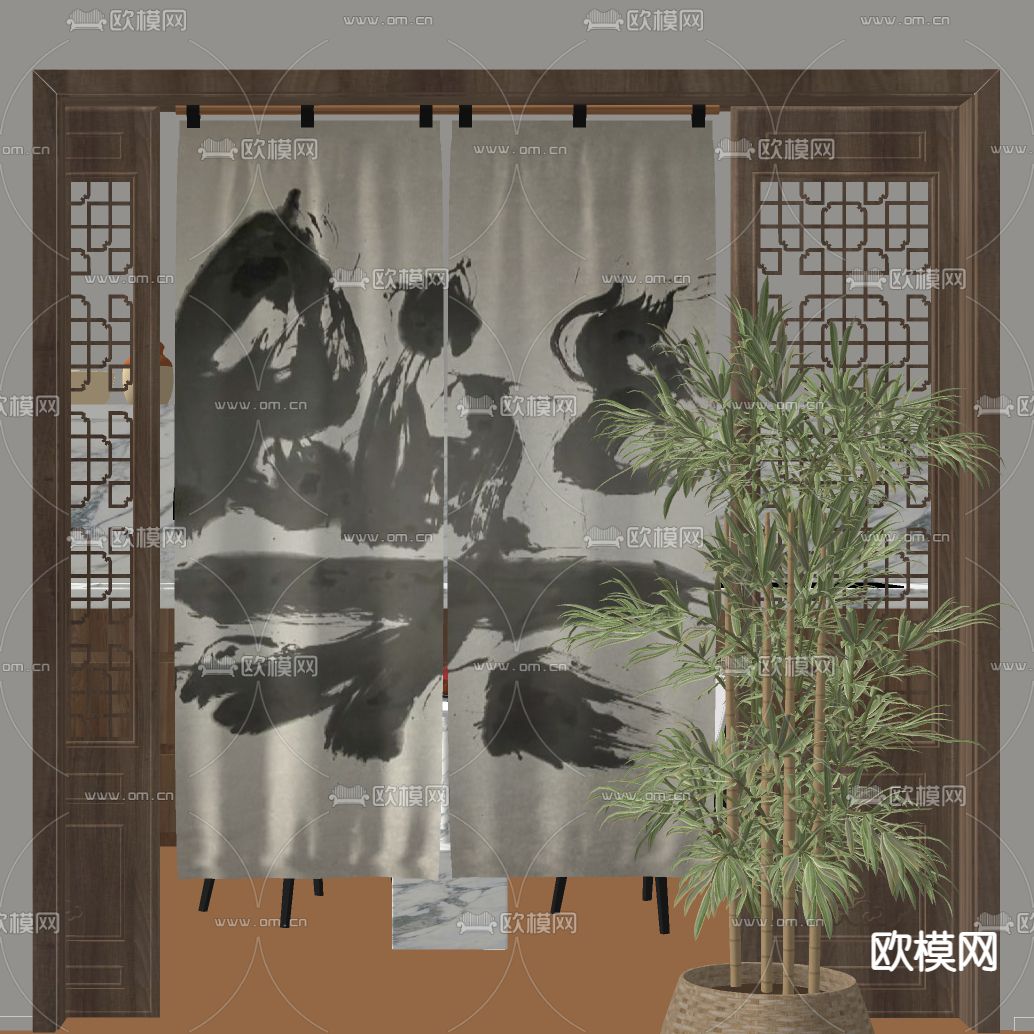 侘寂风门帘 布帘 窗帘su模型下载（渲染图2）