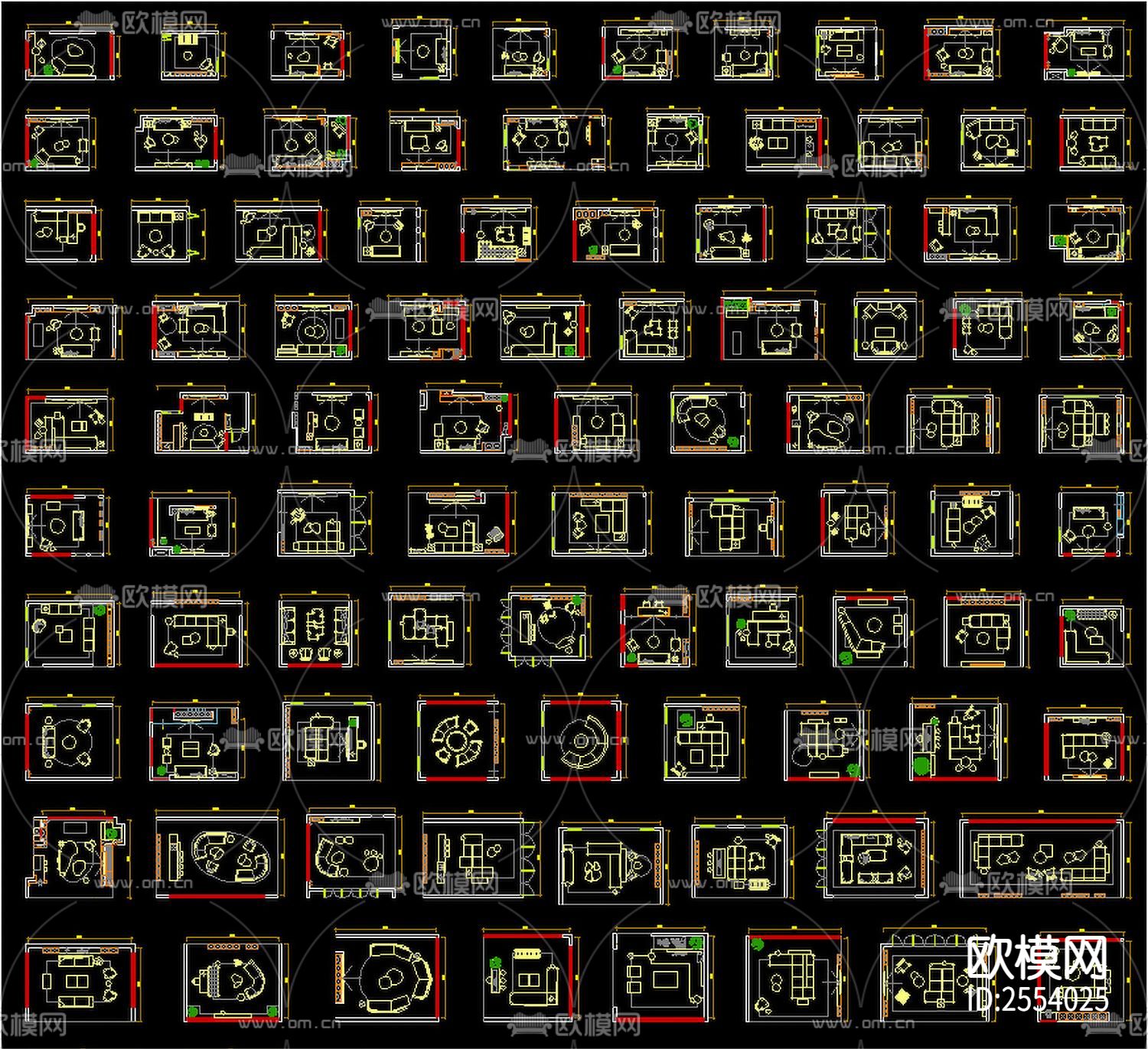 精选100个客厅平面布局cad图库下载（渲染图2）