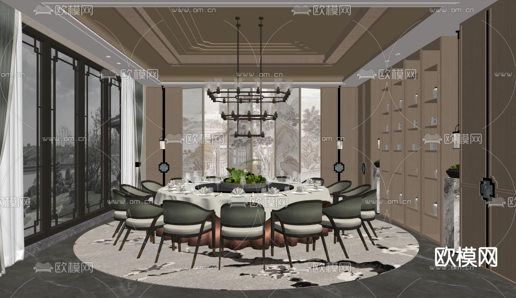 中式餐厅包房 包厢su模型下载（渲染图2）