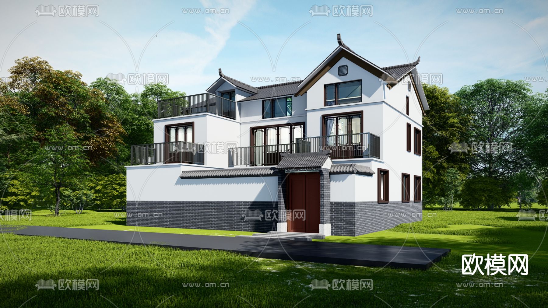 中式独栋别墅su模型下载（渲染图1）