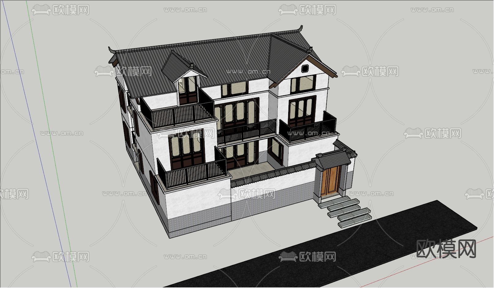 中式独栋别墅su模型下载（渲染图4）