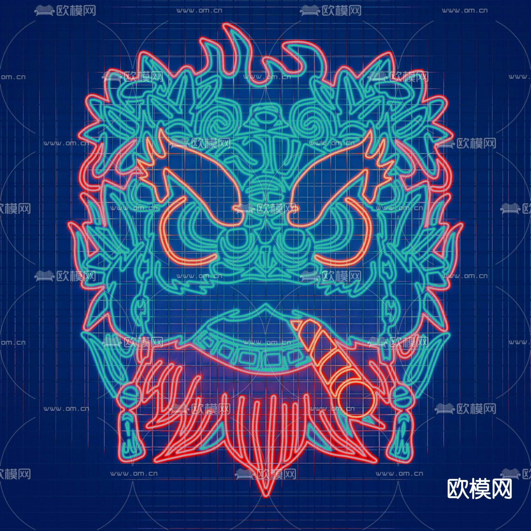 国潮醒狮霓虹灯 装饰灯su模型下载（渲染图1）