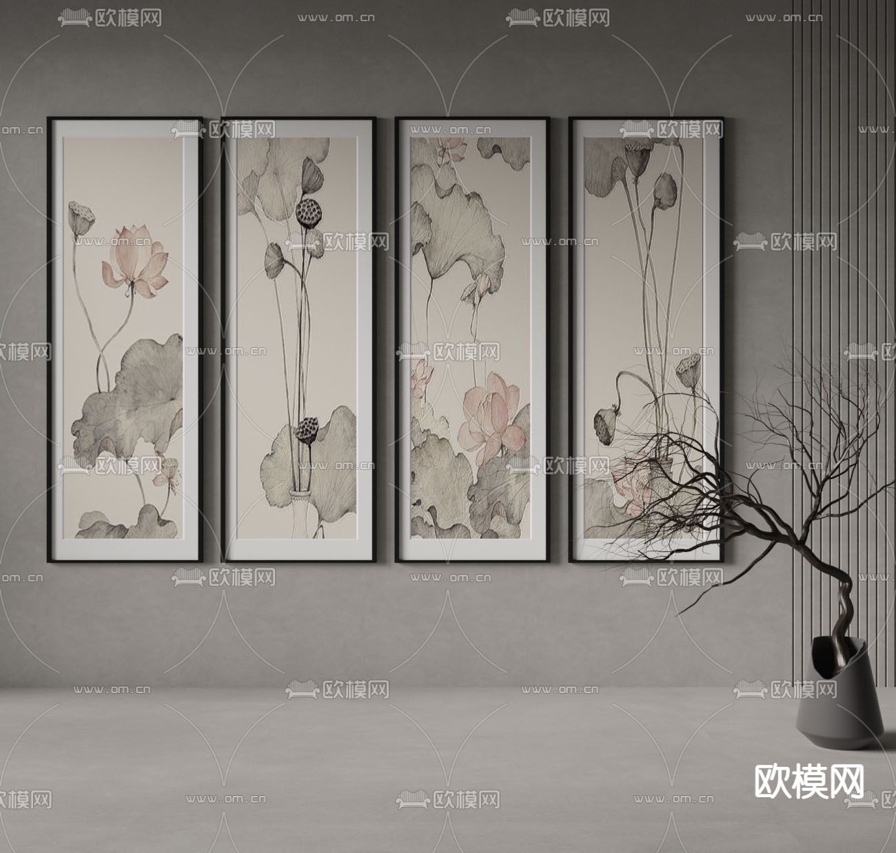 中式装饰画 荷花水墨画3d模型下载