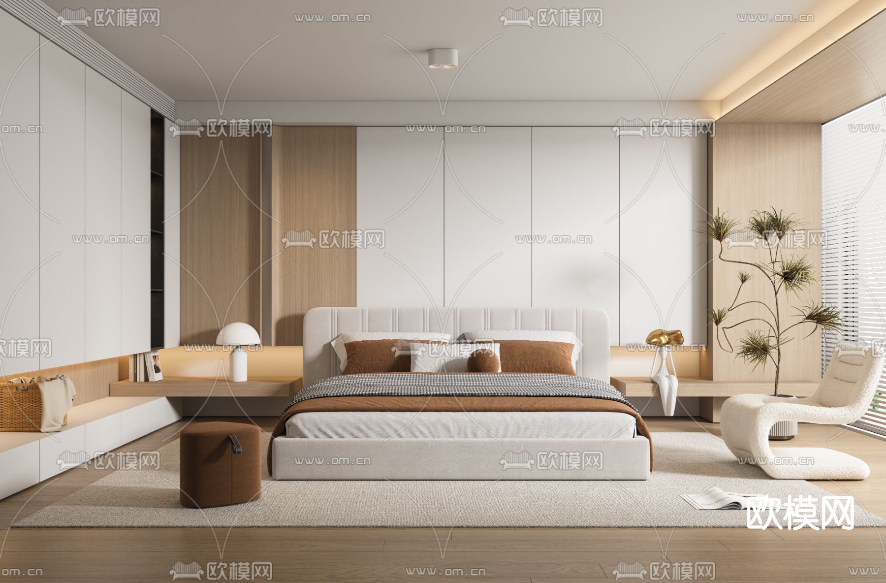 奶油风卧室 主卧3d模型下载_ID14004563_3dmax免费模型-欧模网