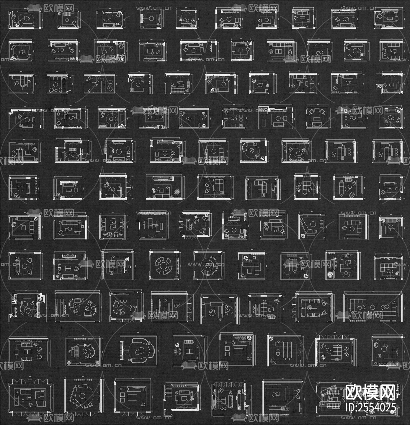 精选100个客厅平面布局cad图库下载（渲染图1）