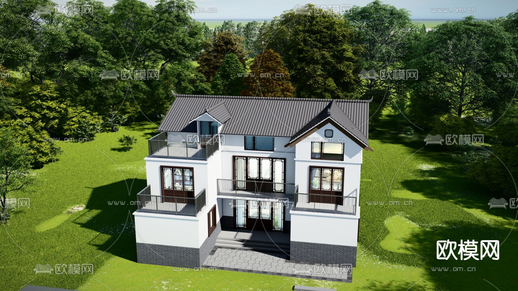 中式独栋别墅su模型下载（渲染图2）