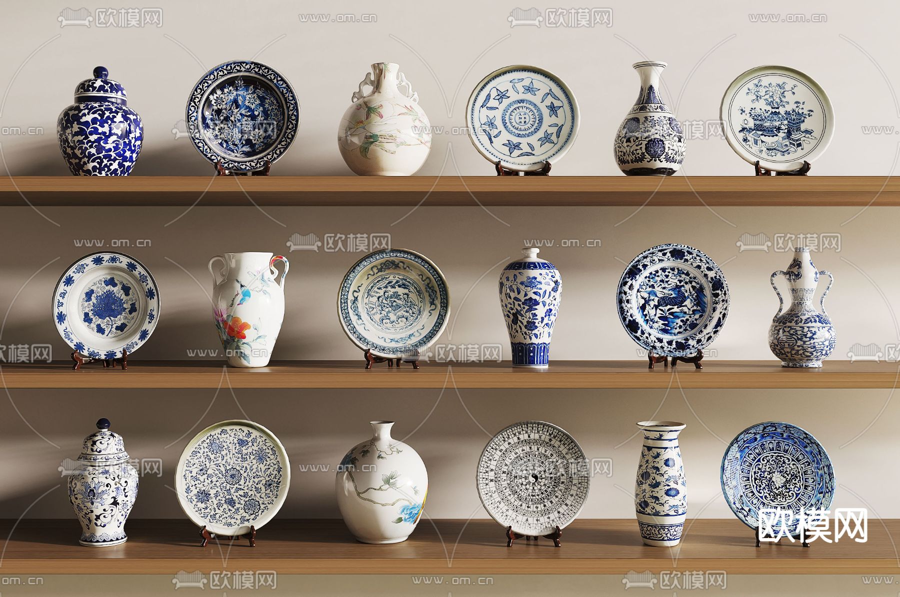 新中式青花瓷 器皿 摆件3d模型下载