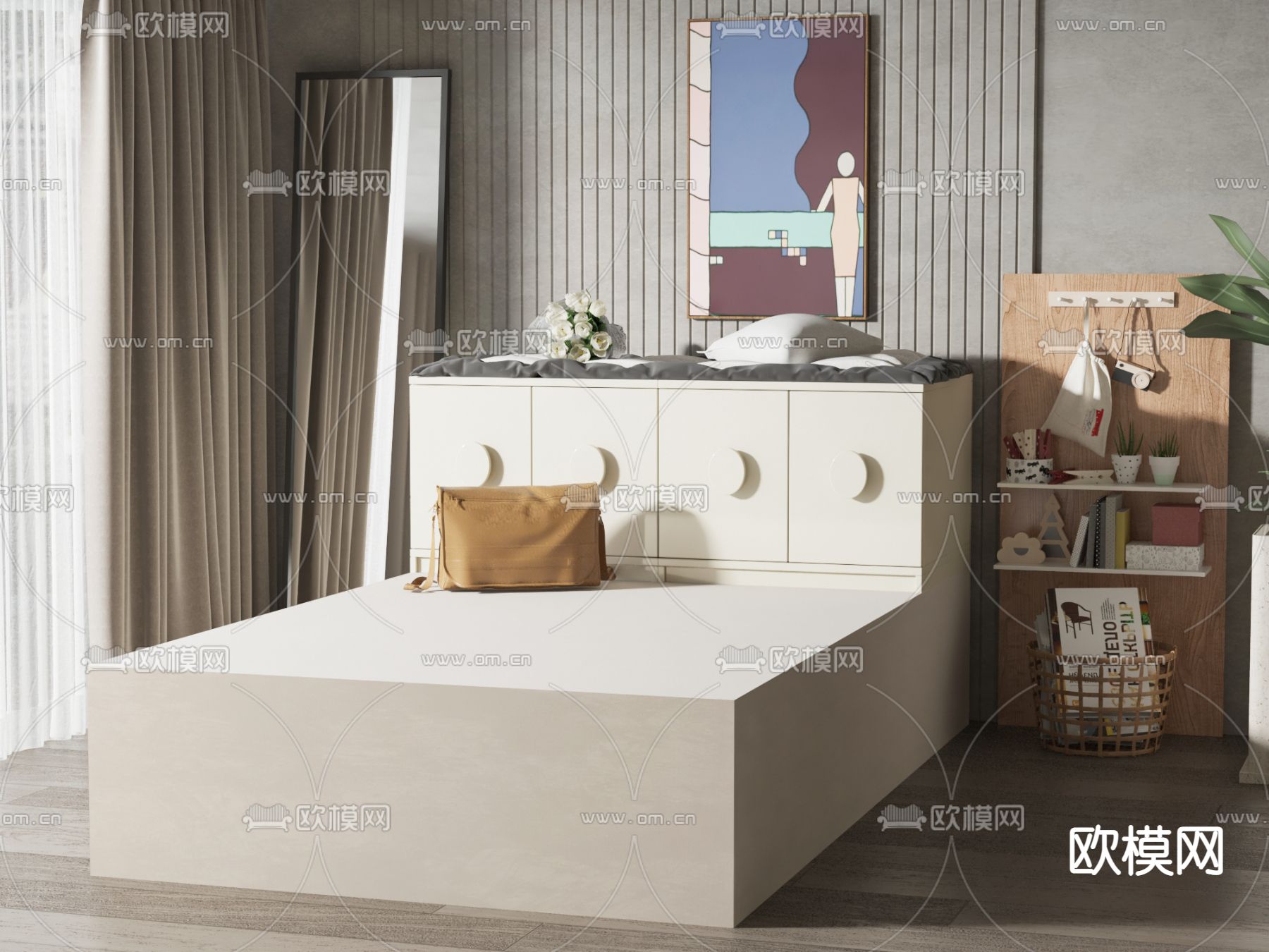 奶油单人床 榻榻米床3d模型下载