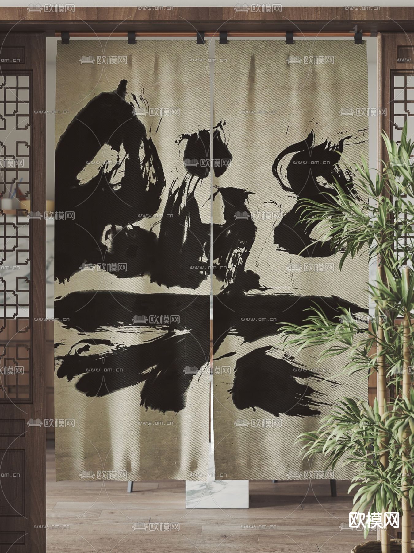 侘寂风门帘 布帘 窗帘su模型下载（渲染图1）
