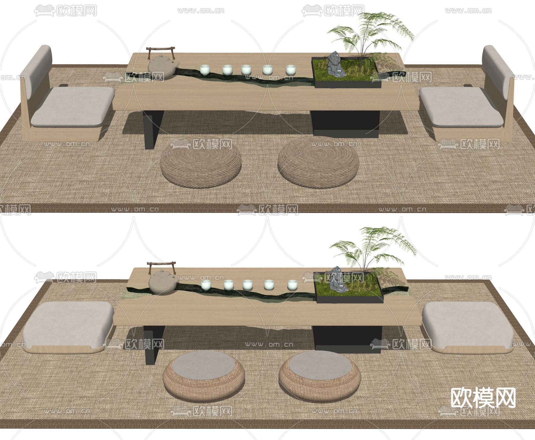 榻榻米茶台 茶桌su模型下载（渲染图2）