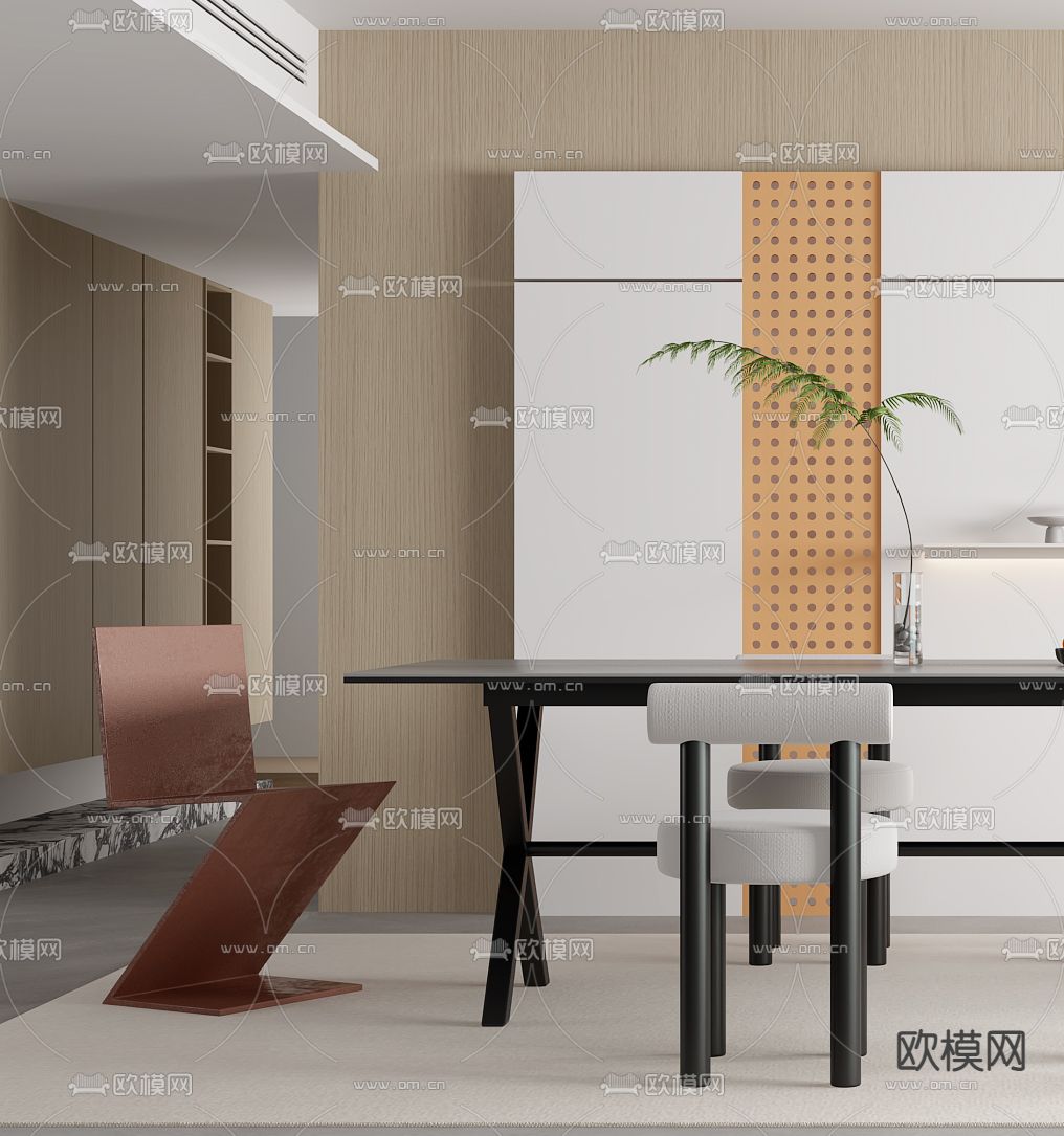 奶油风餐厅3d模型下载（渲染图2）