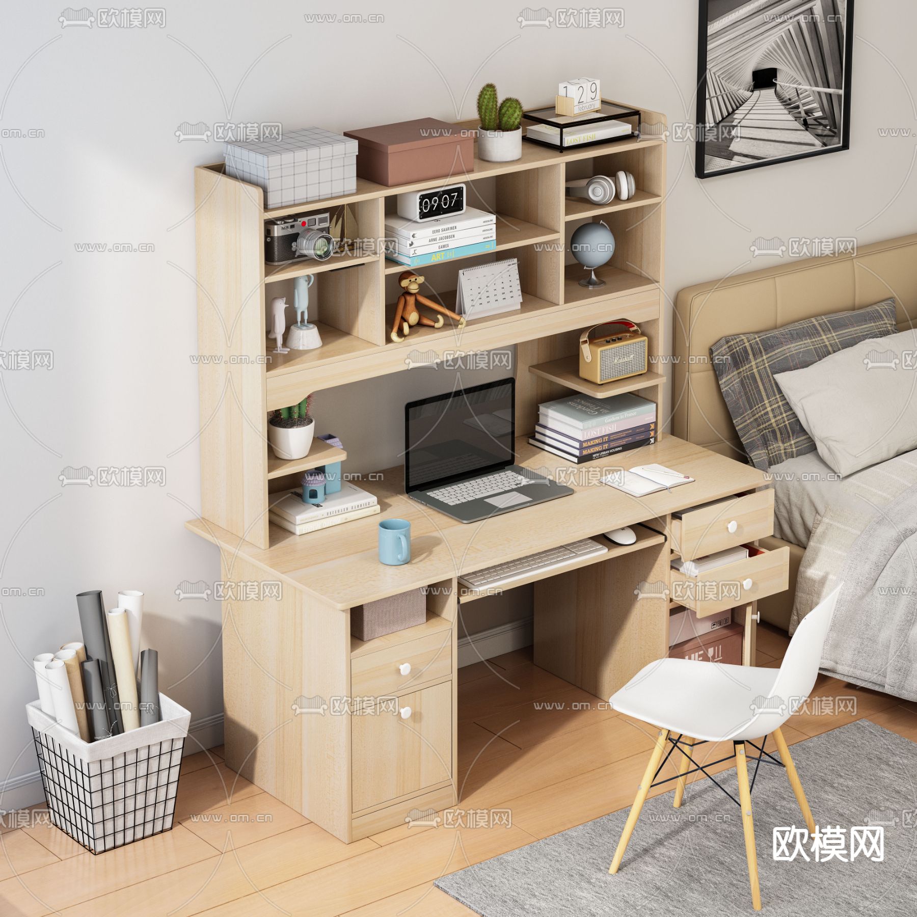 北欧书桌椅 书台 写字台3d模型下载_ID14005027_3dmax免费模型-欧模网