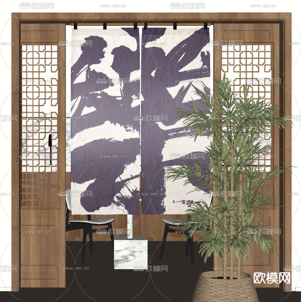 侘寂风布帘 门帘su模型下载（渲染图2）