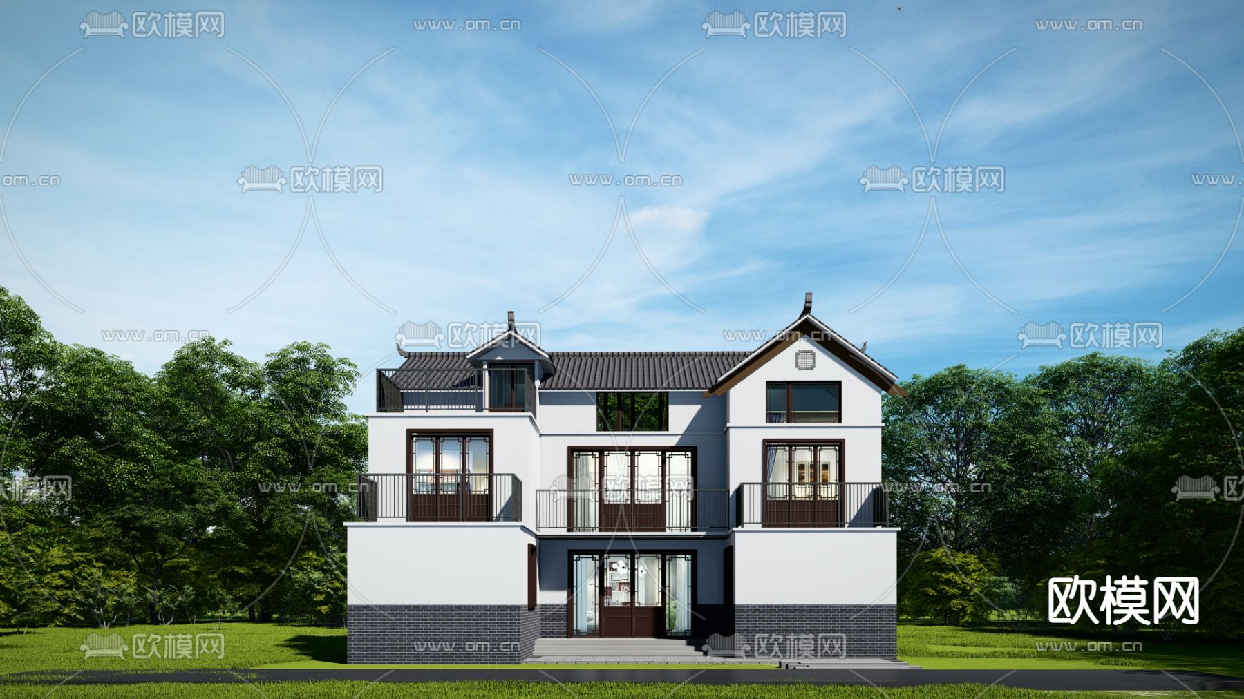 中式独栋别墅su模型下载（渲染图3）