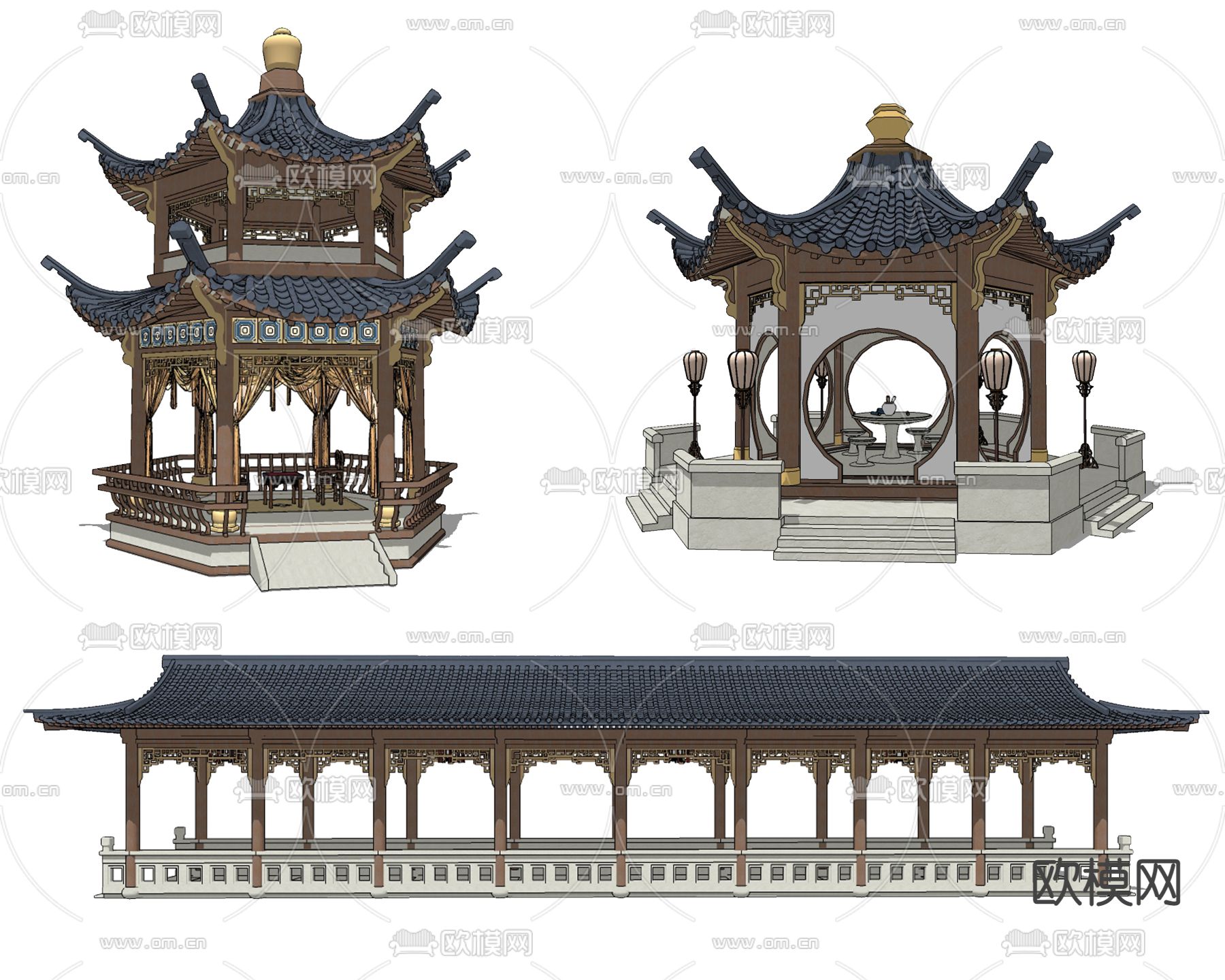 中式仿古长廊 连廊su模型下载