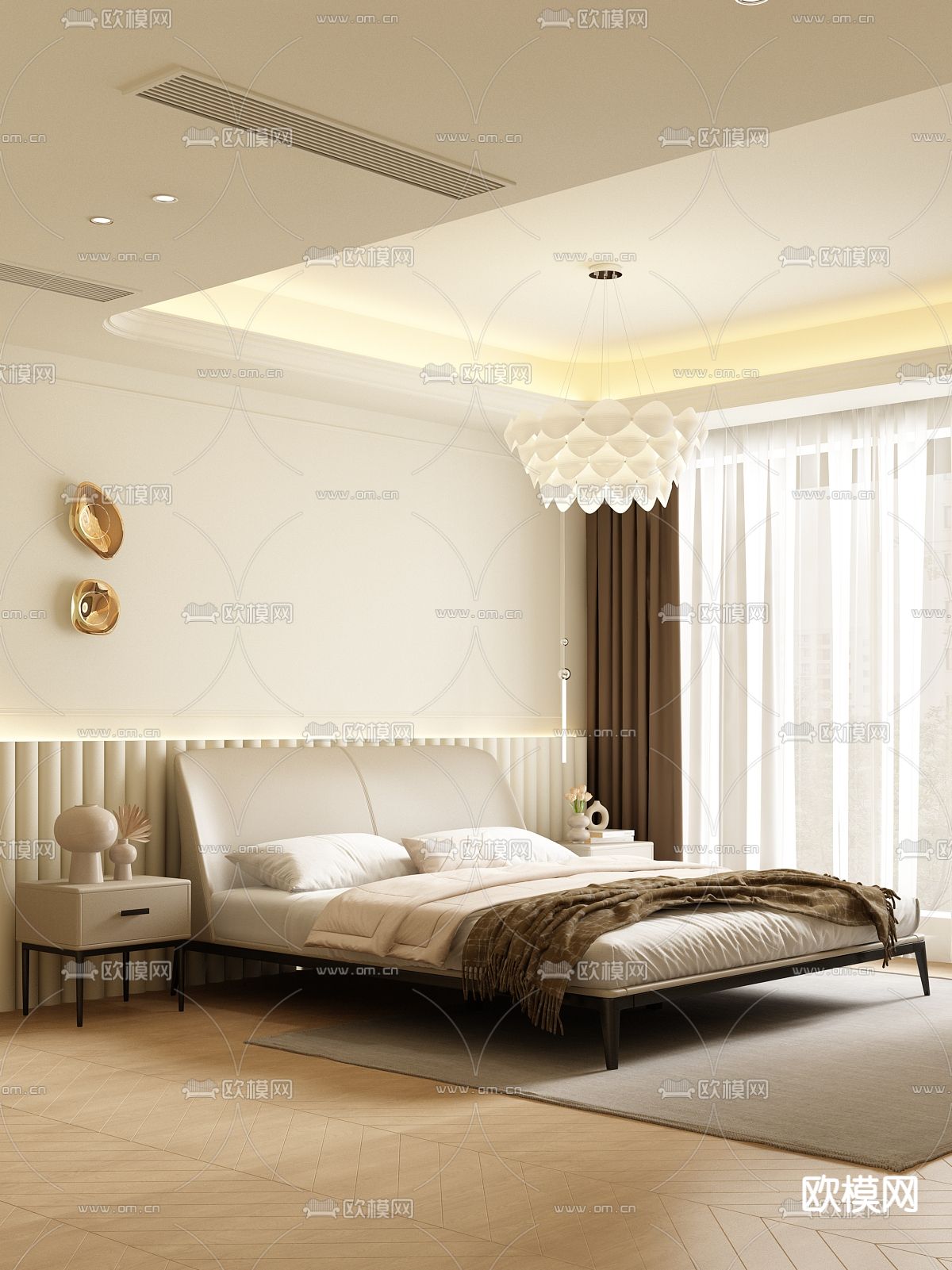 奶油风双人床3d模型下载（渲染图1）