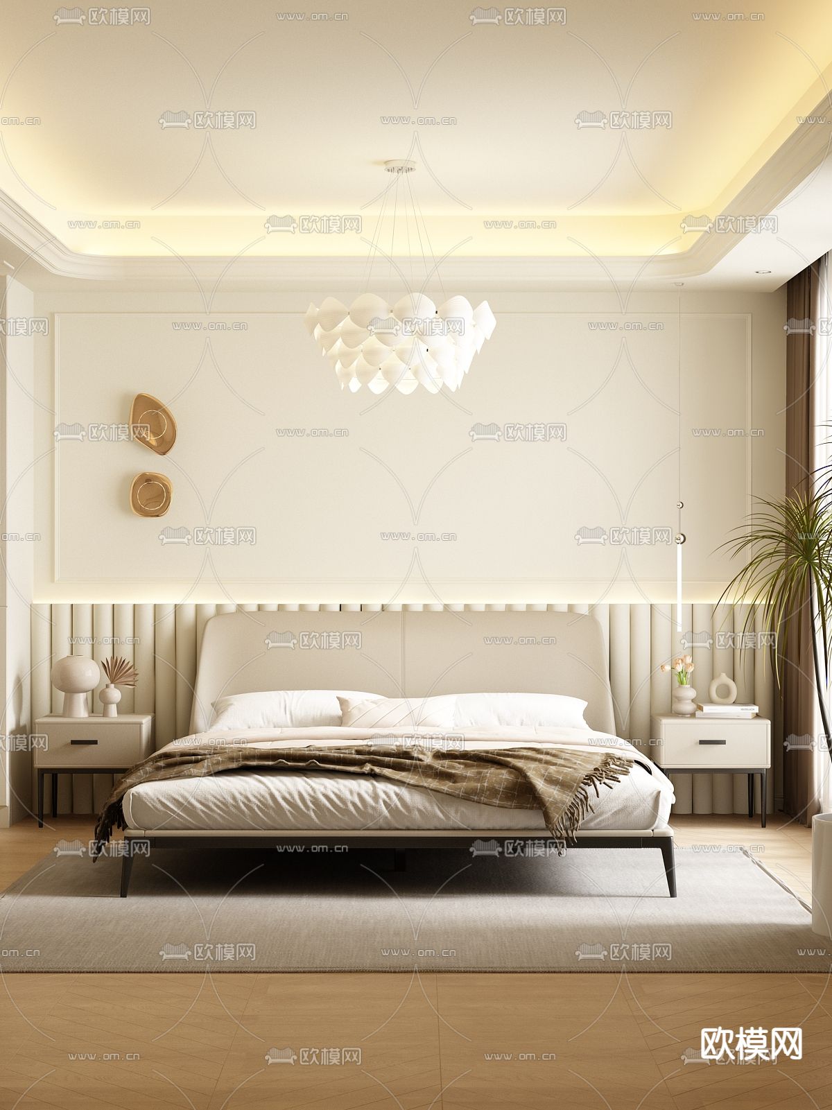 奶油风双人床3d模型下载（渲染图2）