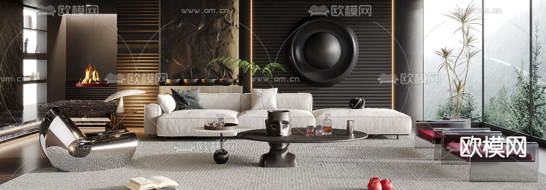 暗黑风客厅3d模型下载（渲染图2）
