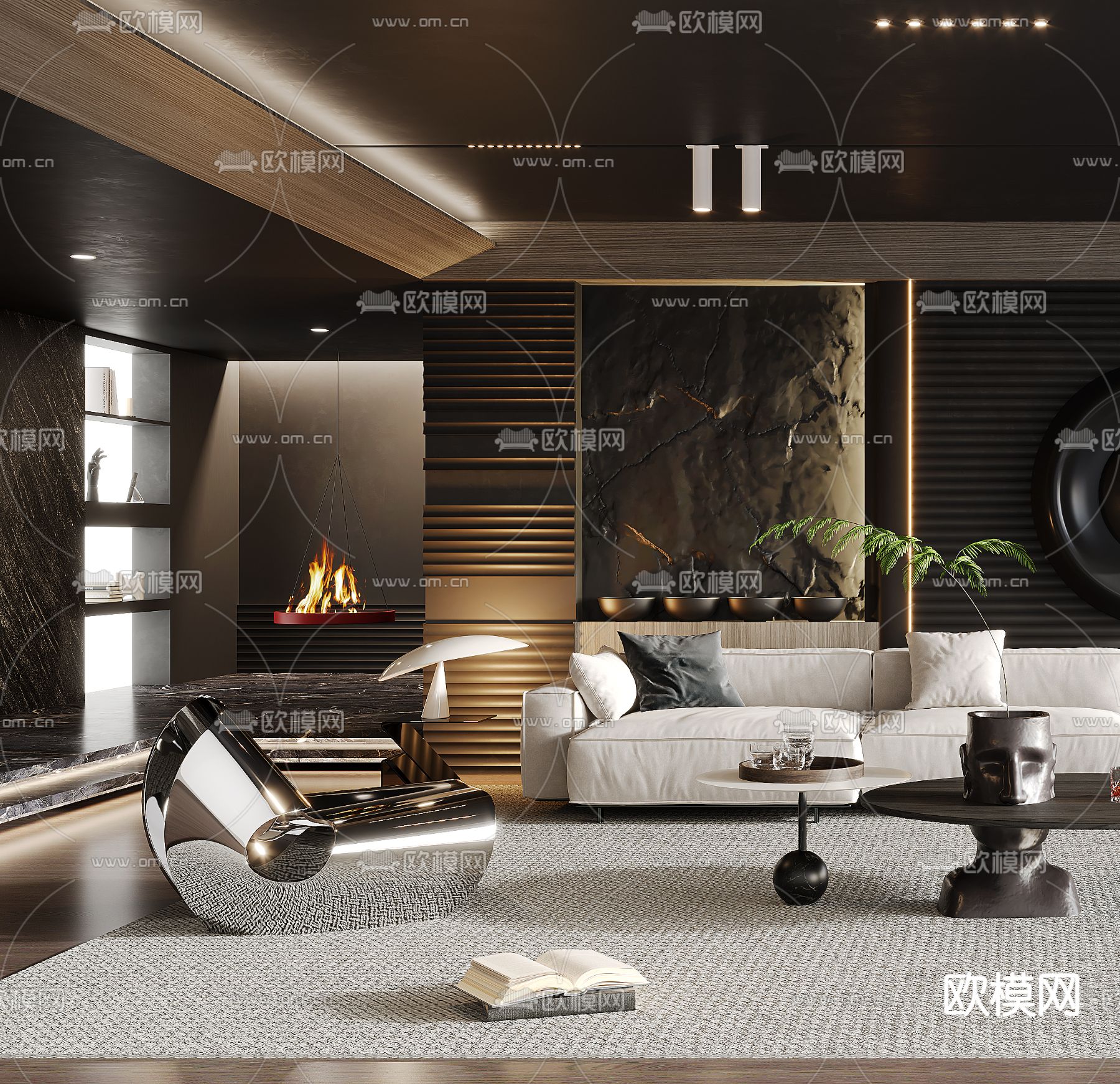 暗黑风客厅3d模型下载（渲染图3）