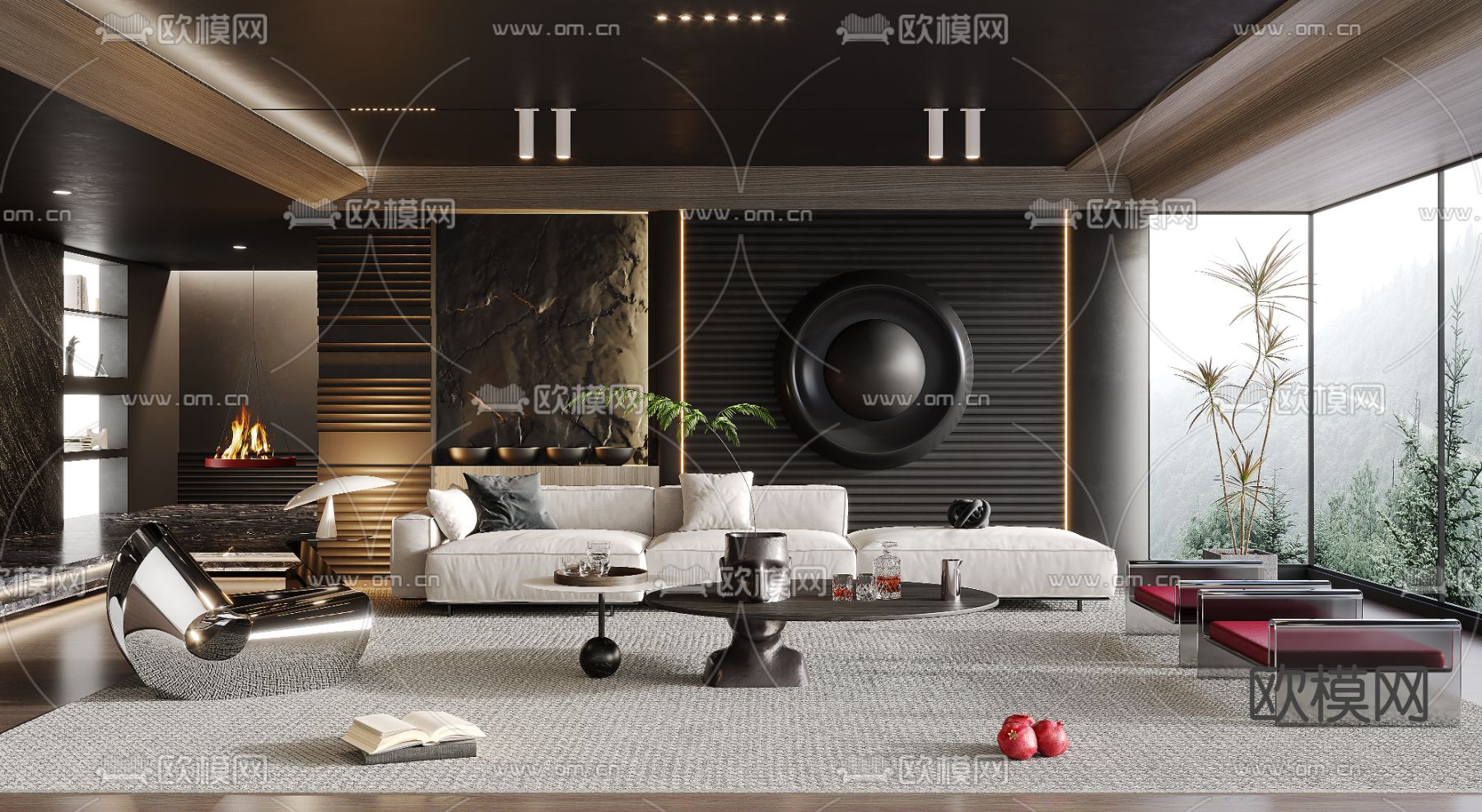 暗黑风客厅3d模型下载（渲染图1）