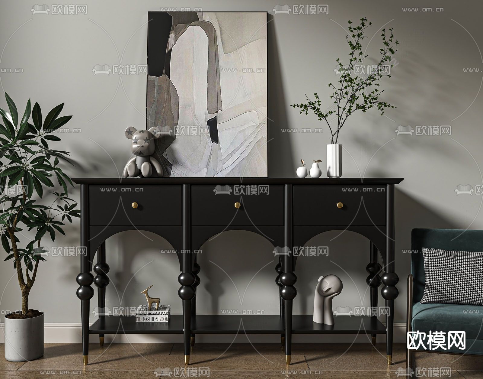 中古风玄关柜 端景柜su模型下载（渲染图1）