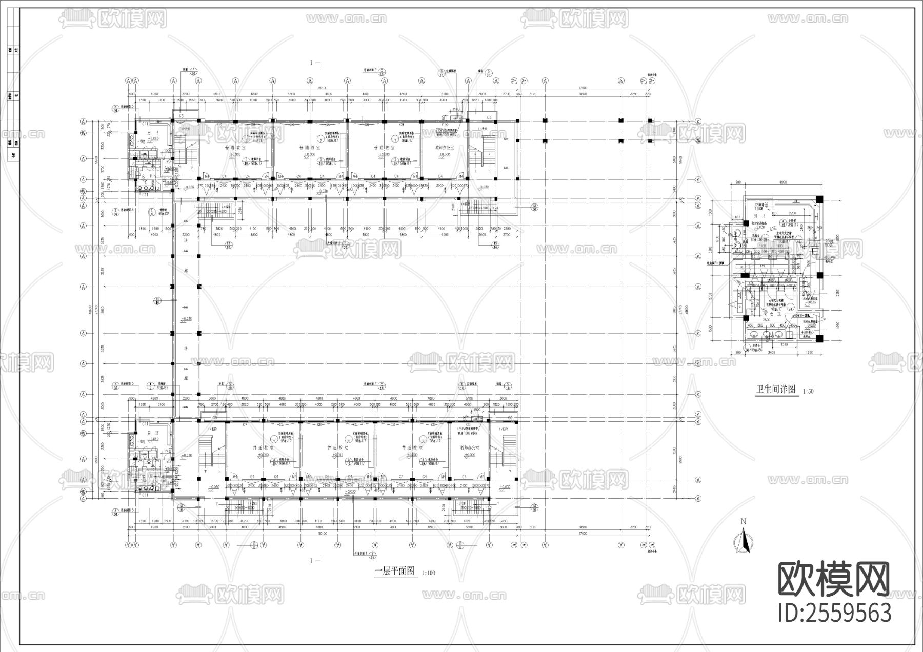 中学全套CAD施工图下载（渲染图7）