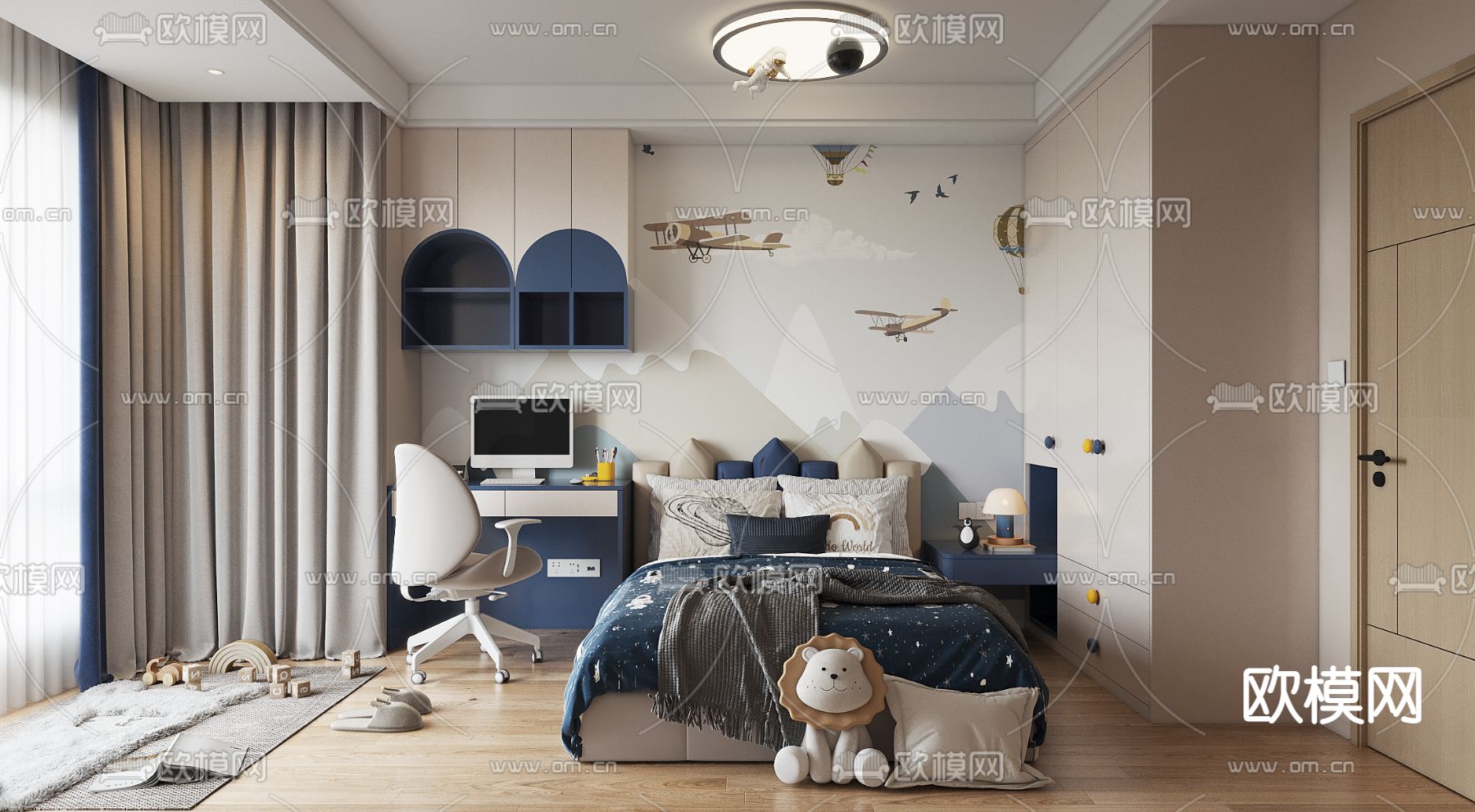 现代儿童房 男孩房 小孩房3d模型下载（渲染图1）