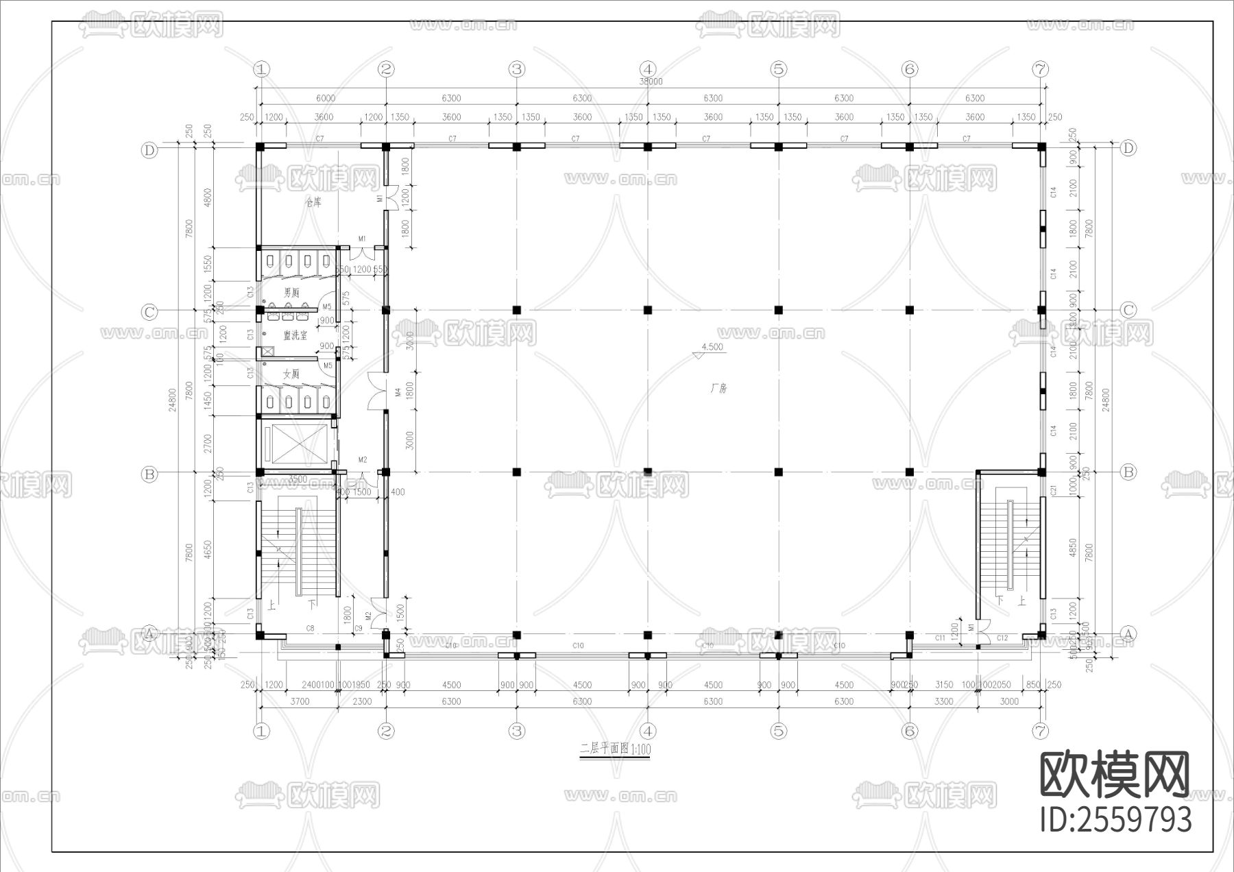 四层框架结构厂房CAD施工图下载（渲染图3）