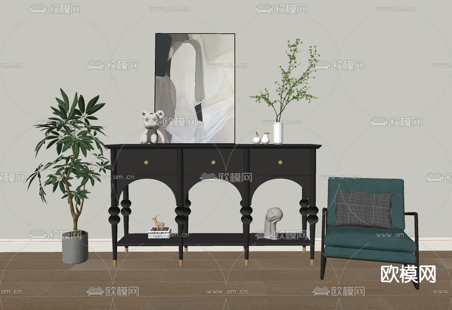 中古风玄关柜 端景柜su模型下载（渲染图2）